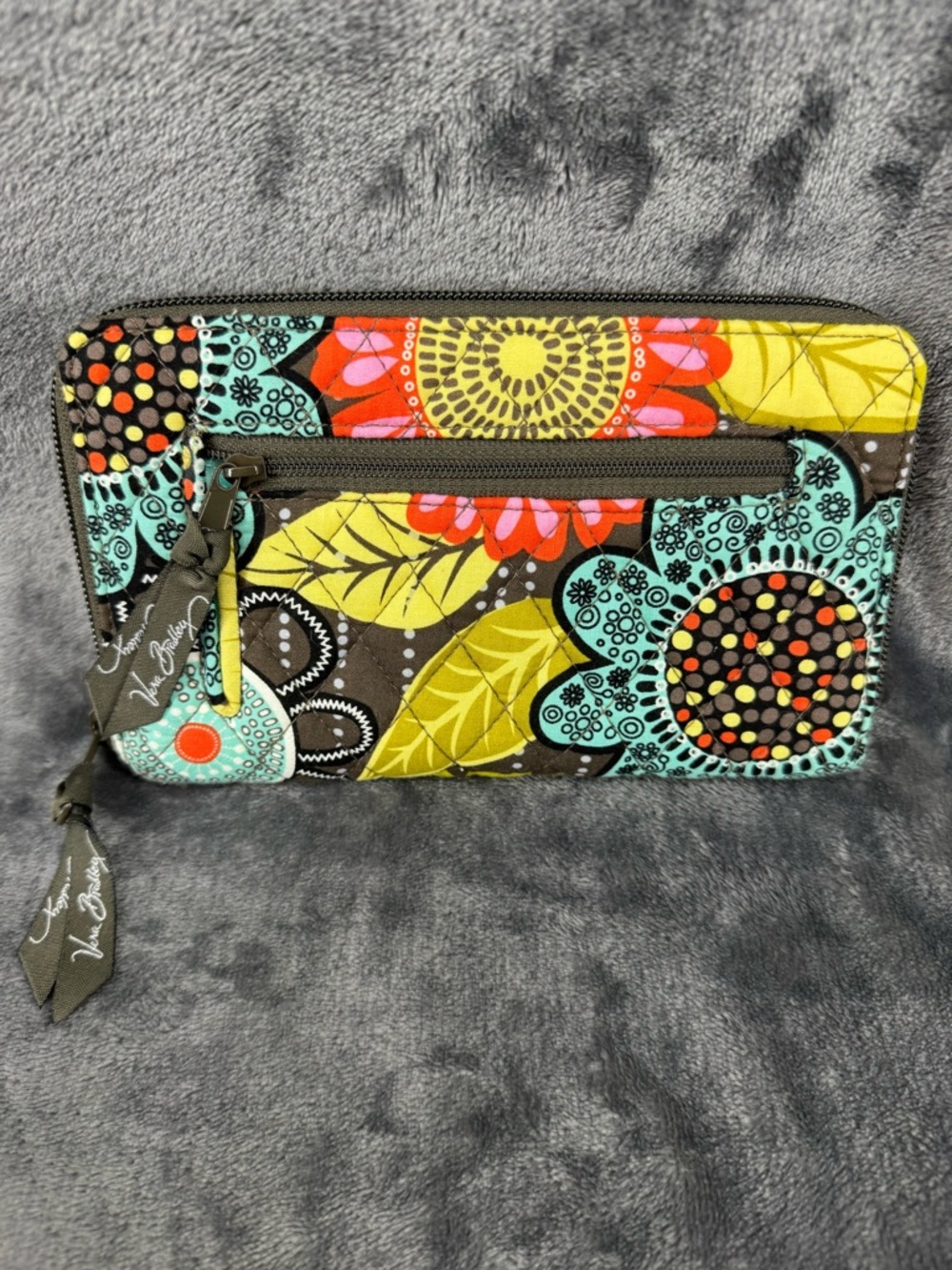 Vera Bradley Flower Shower Zip Around Wallet Brown Orange Teal Green Floral - Picture 2 of 4